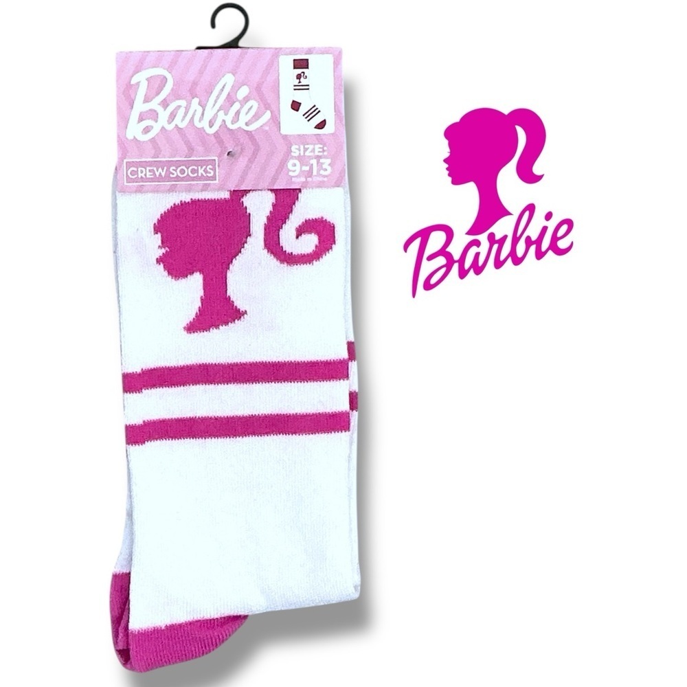 Barbie Crew Socks Stripe Novelty Casual Pink White Adult 9-13  One Size